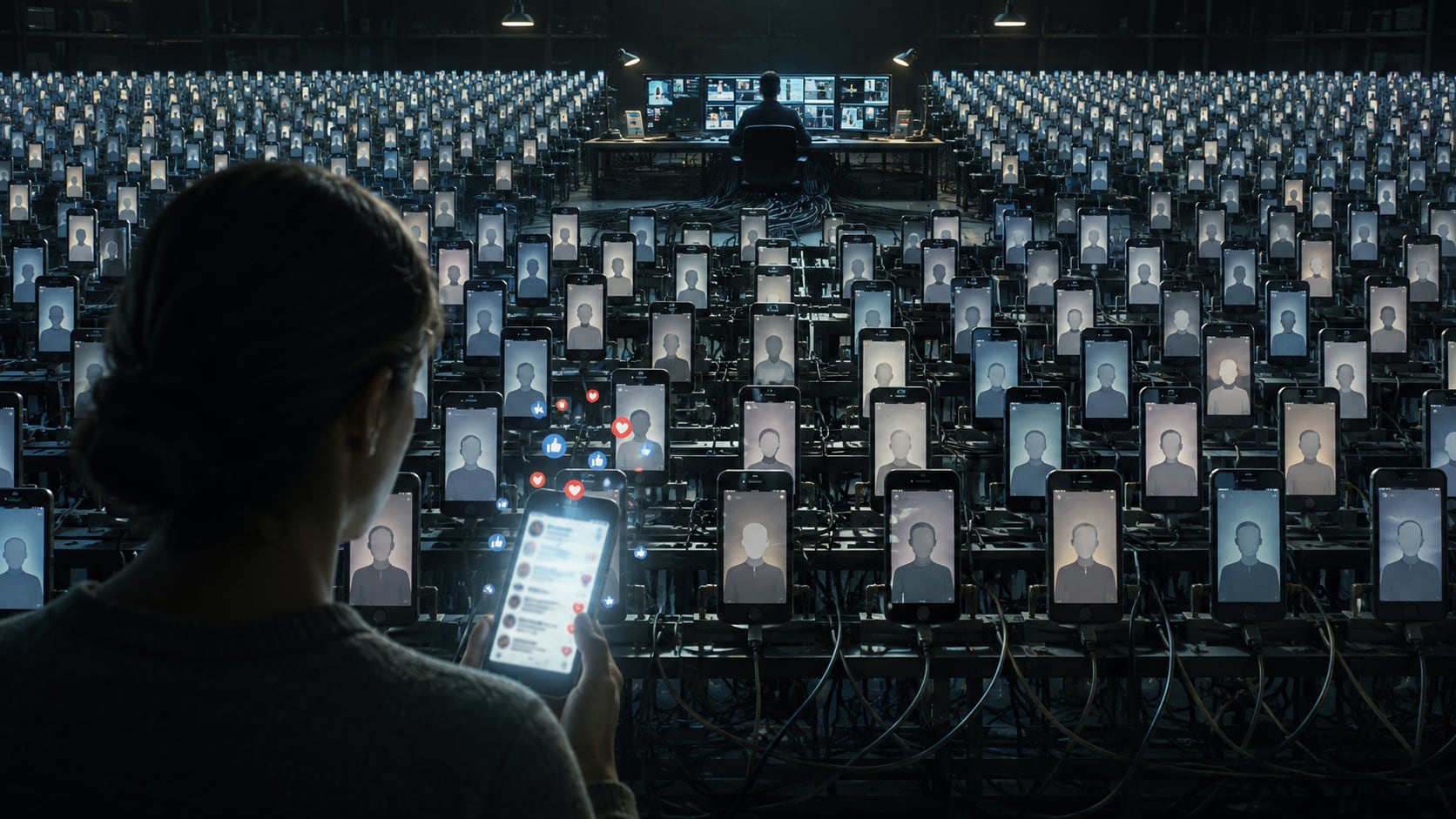 Un enorme conjunto de celulares o pantallas vistos desde atrás. En cada pantalla aparece un perfil aparentemente humano, pero al observar la composición completa se descubre que todos están conectados a una misma central de control. Detrás de las pantallas, hay una especie de "granja" de dispositivos conectados a un único centro. Dominio tecnológico