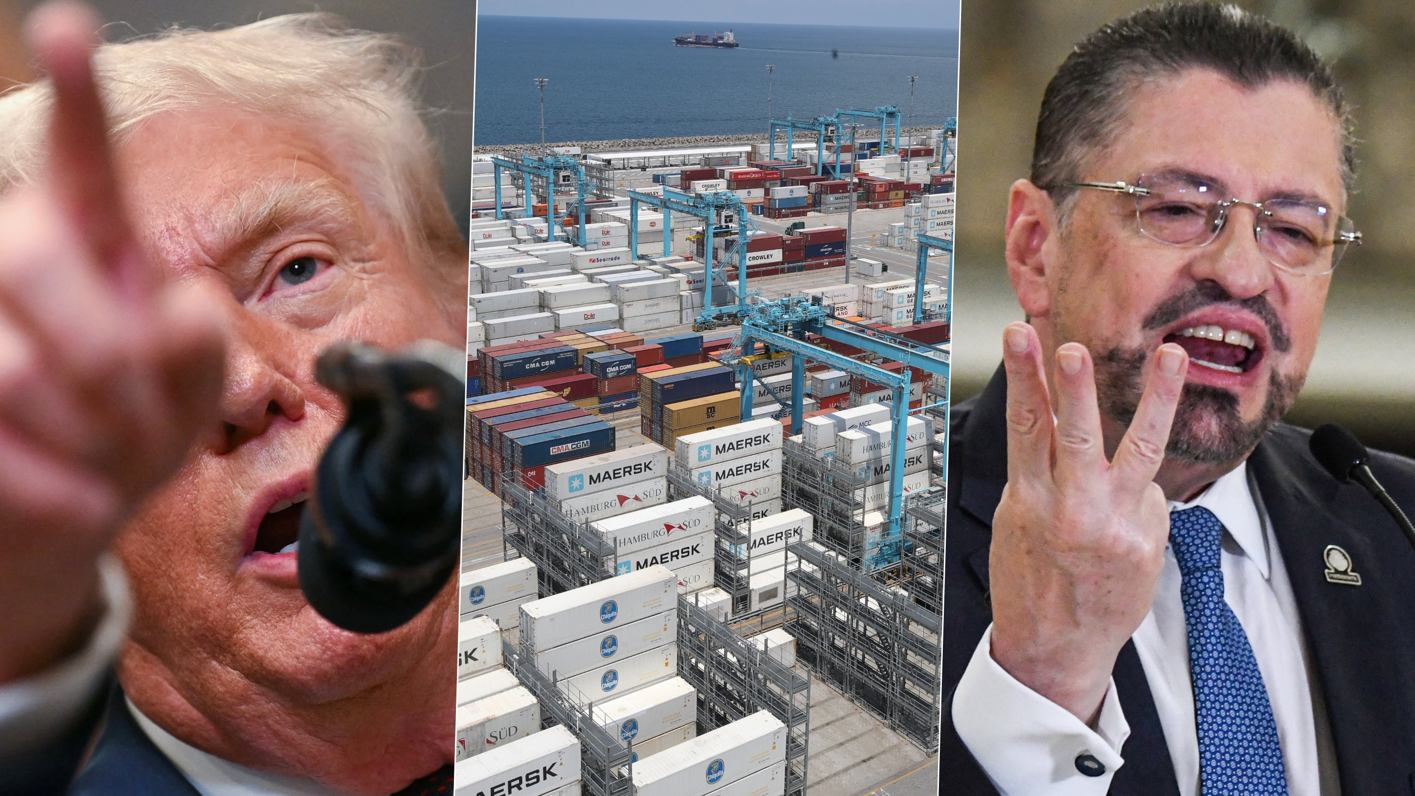 Aranceles de Donald Trump y su afectación a Costa Rica. En fotografías: Trump (AFP), Rodrigo Chaves (AFP) y APM Terminals (La Nación)