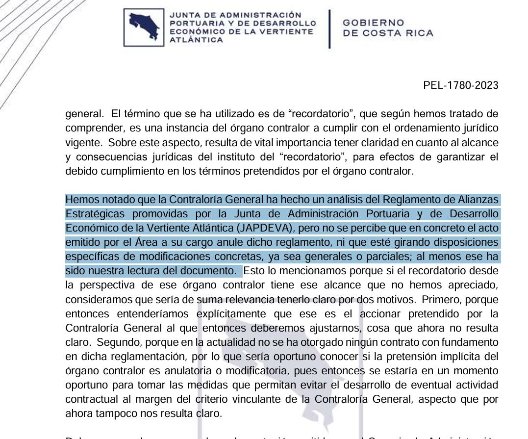 Nota de Japdeva a Contraloría por caso Contraloría Chaves recordatorio