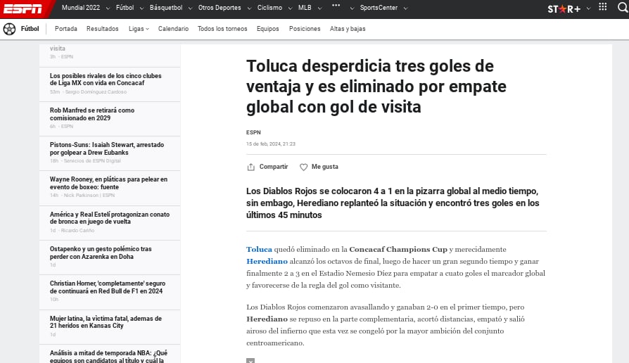 Herediano
Reacción de la prensa mexicana por triunfo ante el Toluca de México por la Concacaf Liga de Campeones
15 de febrero del 2024
Tomado de redes sociales