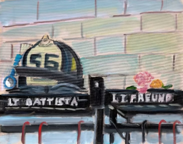 Pintura del presidente George W. Bush. Un casco y flores reposan sobre un estante en la estación de bomberos Engine Co. 55 de Nueva York, el 11 de setiembre. Acrílico y óleo sobre lienzo tensado, 16 por 20 pulgadas.