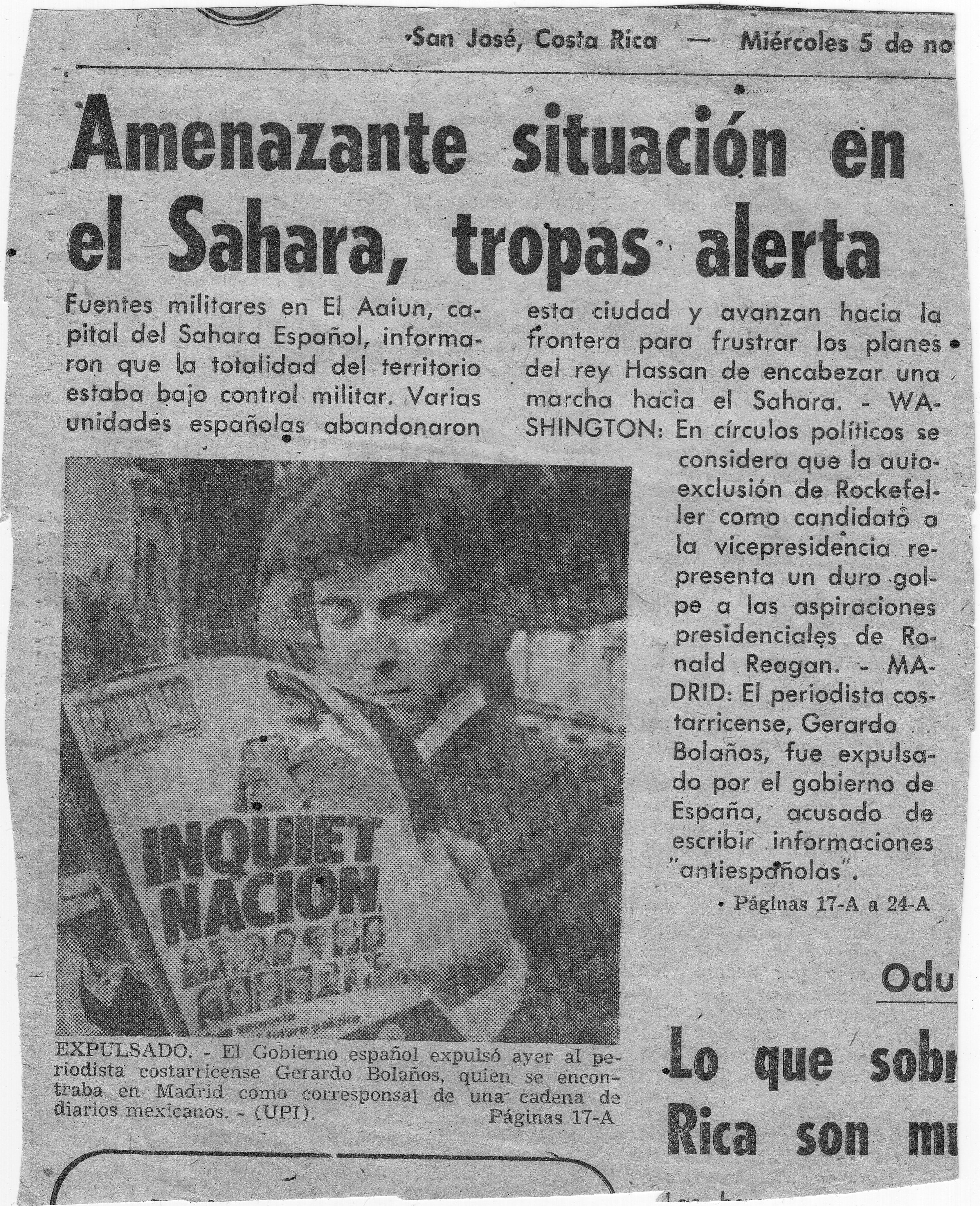 El periodista Gerardo Vargas el 5 de noviembre de 1975 en La Nación.