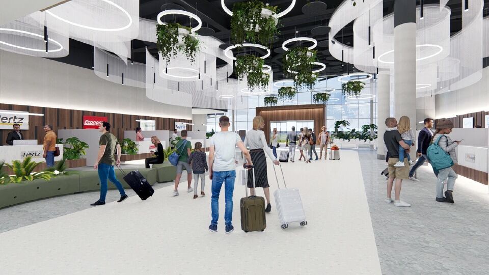 Render del nuevo edificio del Aeropuerto Juan Santamaría, con modernos espacios para pasajeros, mostradores de servicio y una plaza de transportes, parte del plan de expansión de la terminal aérea en Costa Rica.