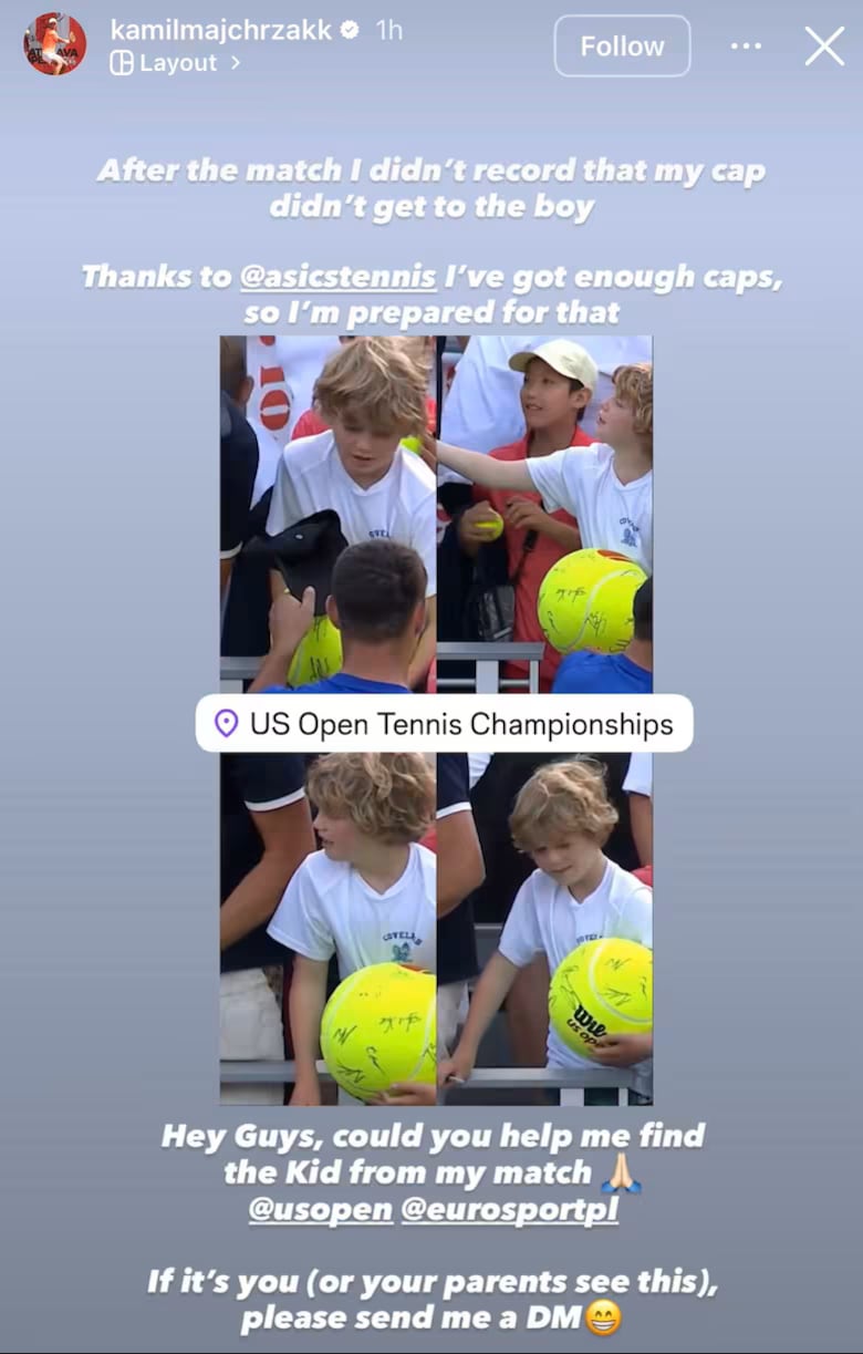 El posteo del tenista Kamil Majchrzak para contactarse con el chico al que le arrebataron la gorra