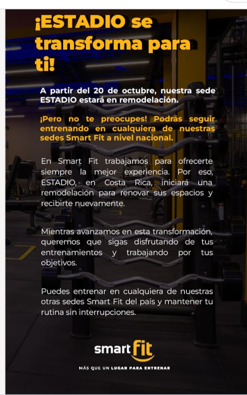 Este fue el comunicado de Smart Fit sobre la situación en la sucursal que está en el nuevo Eladio Rosabal Cordero.