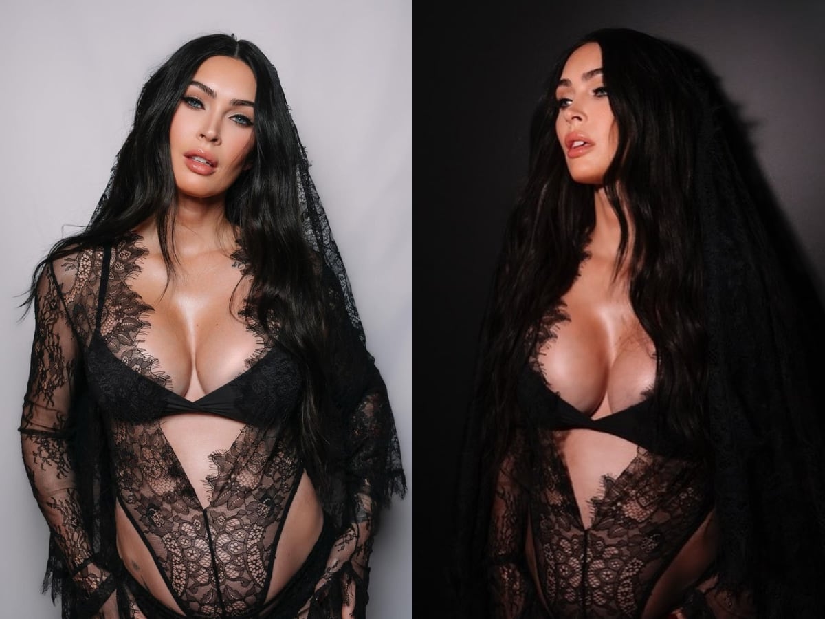 Collage con dos fotos de Megan Fox de la sesión fotográfica en la que anuncia su embarazo