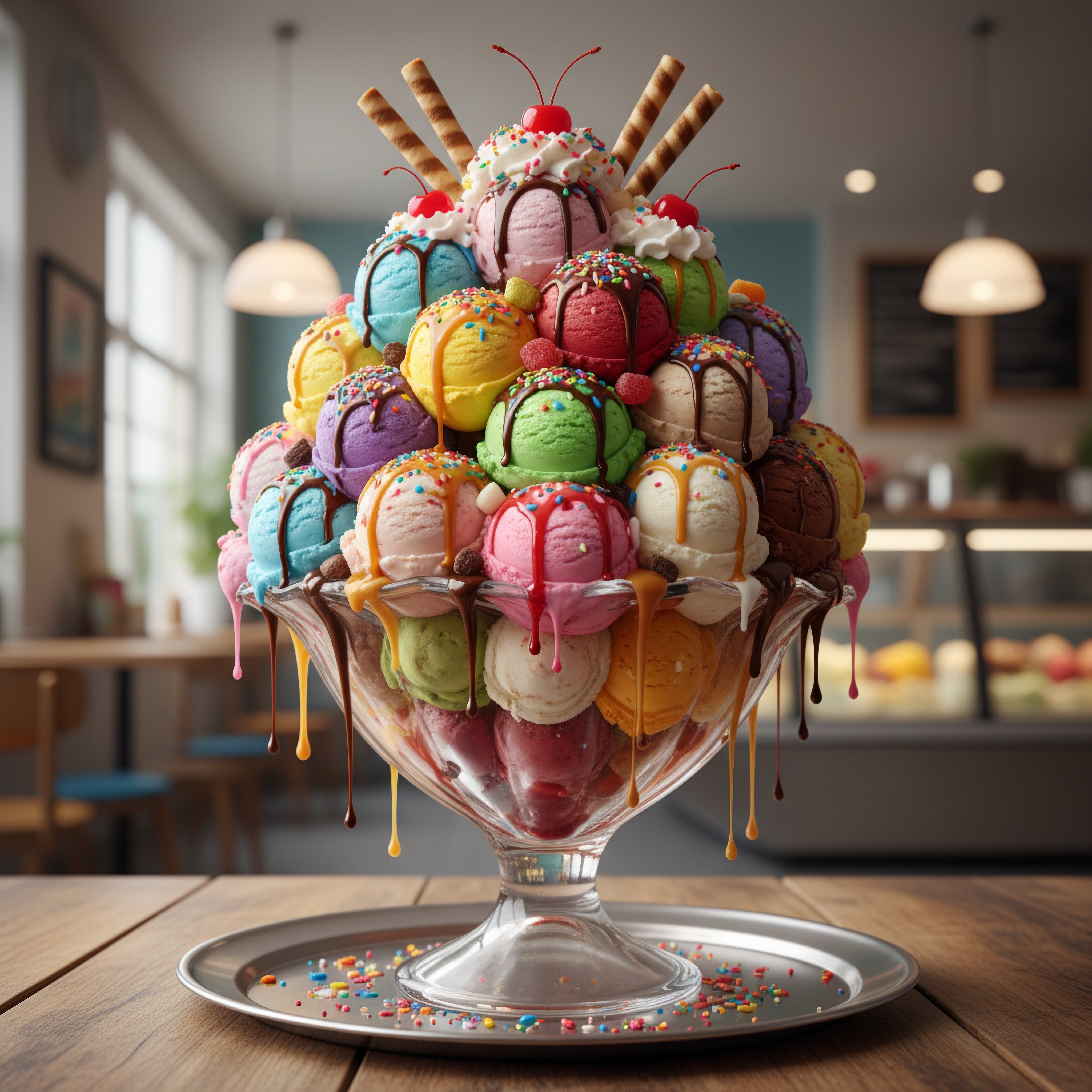 Copa gigante de coloridos helados de todos los sabores con toppings abundantes