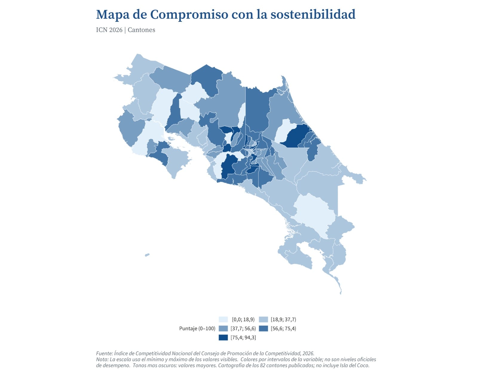 Este mapa muestra el compromiso con la sostenibilidad de los cantones, según el Informe de Competitividad Cantonal.