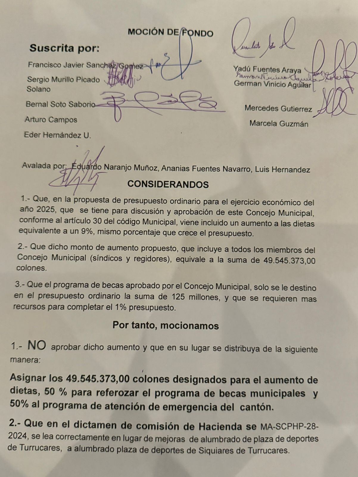 Imagen de la moción aprobada por unanimidad del Concejo