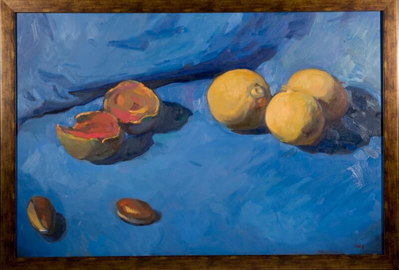 Zapotes , sobre fondo azul cobalto, óleo de José Miguel Páez