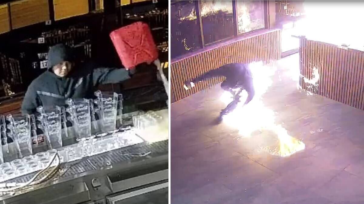 Un hombre fue grabado por cámaras de seguridad mientras provocaba un incendio en un restaurante; las llamas lo alcanzaron y tuvo que escapar.
