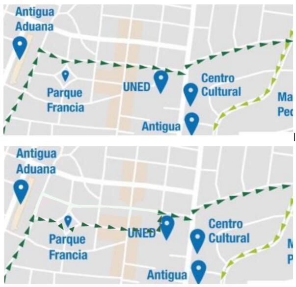 La moción propone modificar la ruta actual de la ciclovía de San José, la cual transitaría por avenida 5, en vez de la avenida 7. (Foto: tomada del documento de la moción)