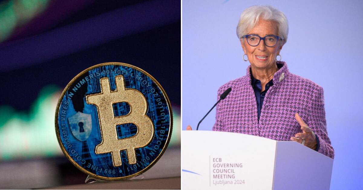 Montaje con una moneda de bitcoin en primer plano y Christine Lagarde, presidenta del BCE, hablando en una conferencia.