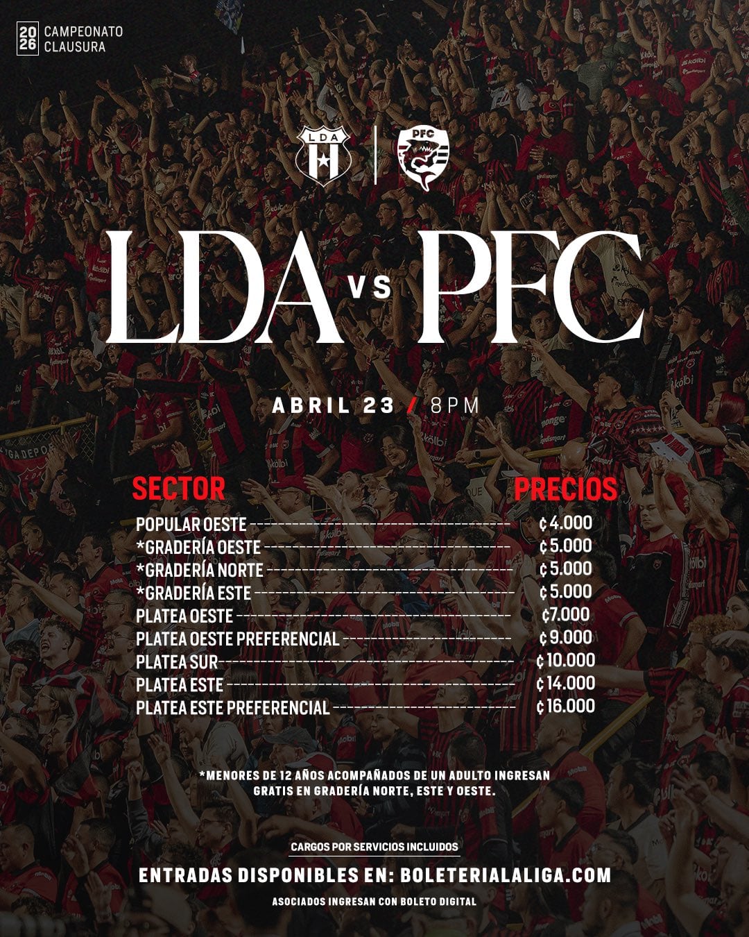 Estos son los precios de las entradas para el partido entre Liga Deportiva Alajuelense y Puntarenas FC.