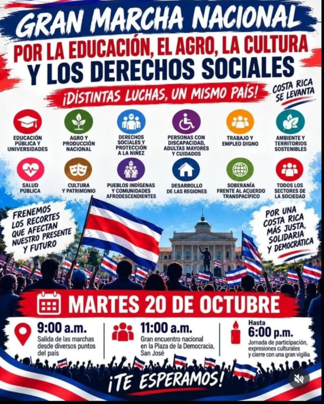 Información de la marcha nacional convocada para este martes 20 de octubre, con detalles sobre los horarios, puntos de encuentro y recorrido de la manifestación en San José.