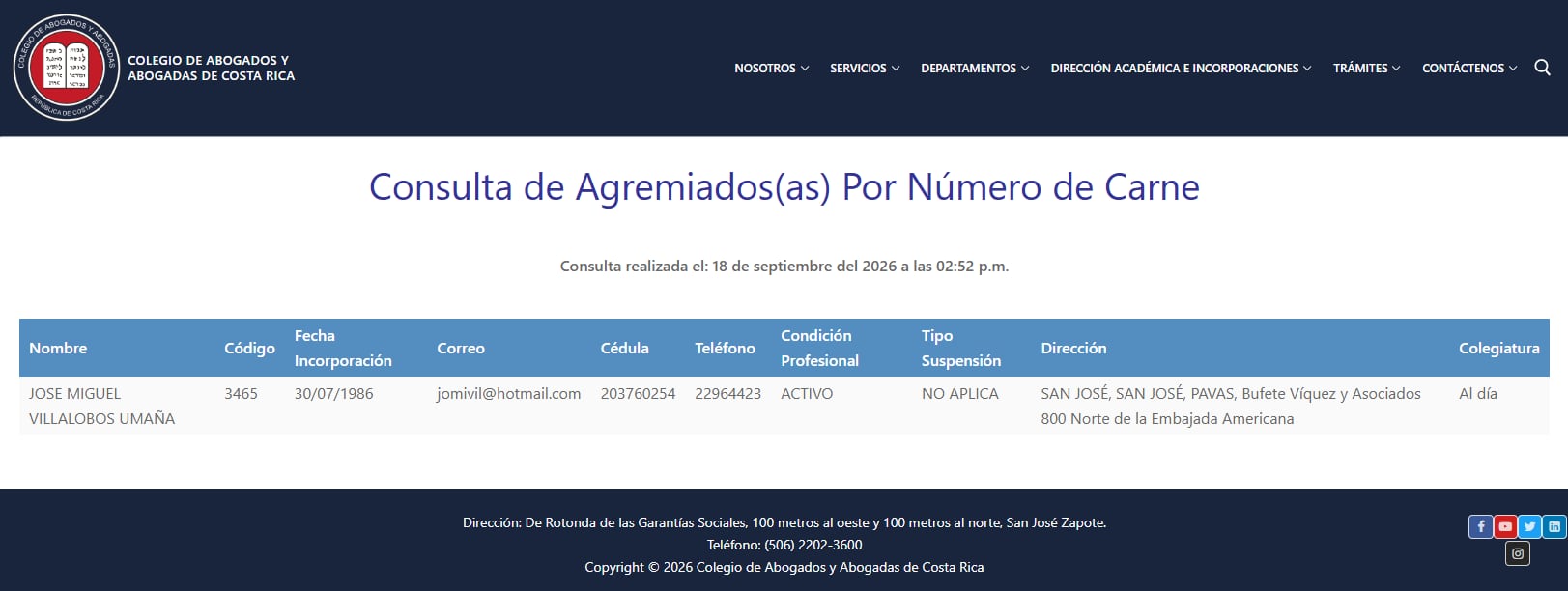 José Miguel Villalobos seguía apareciendo este viernes como colegiado activo en el Colegio de Abogados.