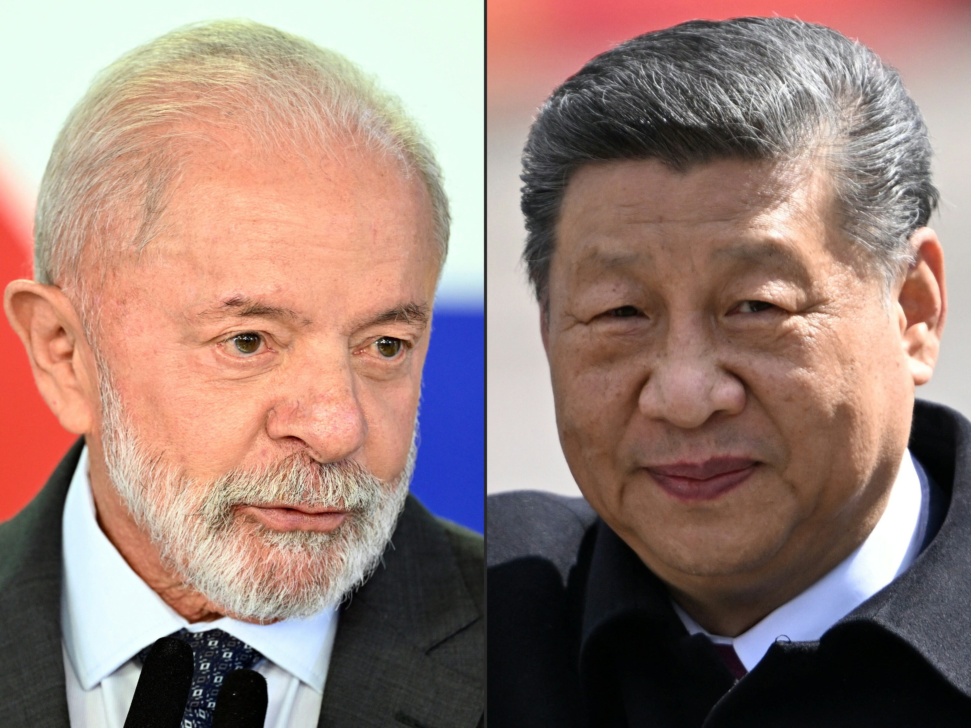El presidente brasileño Luiz Inácio Lula da Silva (izq.) durante una conferencia de prensa en el Palacio de Planalto en Brasilia el 3 de junio y el presidente chino Xi Jinping (der.) al salir de la Plaza Roja tras el desfile militar del Día de la Victoria en el centro de Moscú el 9 de mayo. Fotografía:
