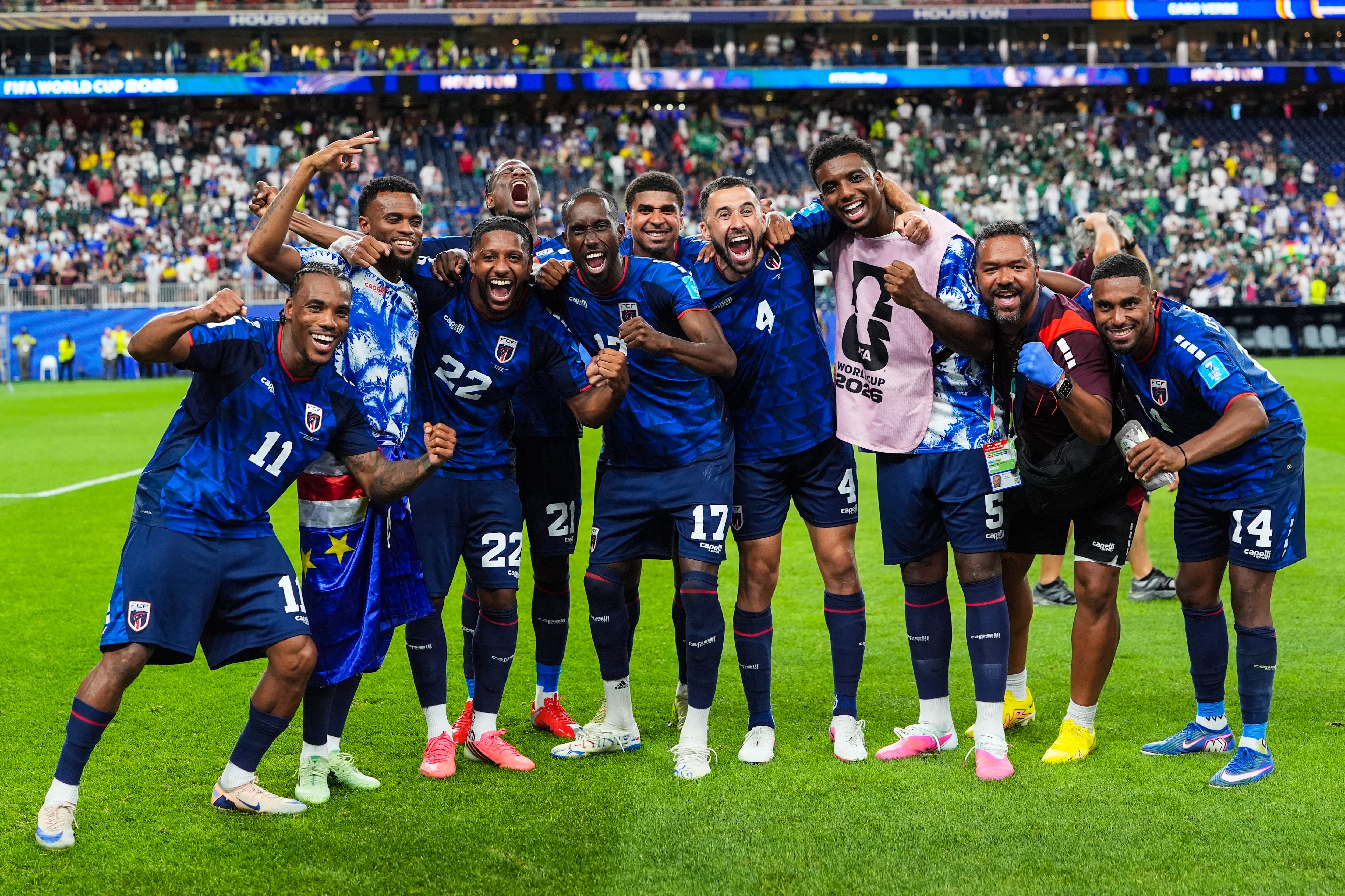 Cabo Verde players celebrating the historic qualification of Cabo Verde for the next stage of the FIFA World Cup 2026 during FIFA World Cup 2026, Cabo Verde vs Saudi Arabia at the Houston Stadium on June 26, 2026. (Photo by McGuelber / Odyssey Images via AFP)
