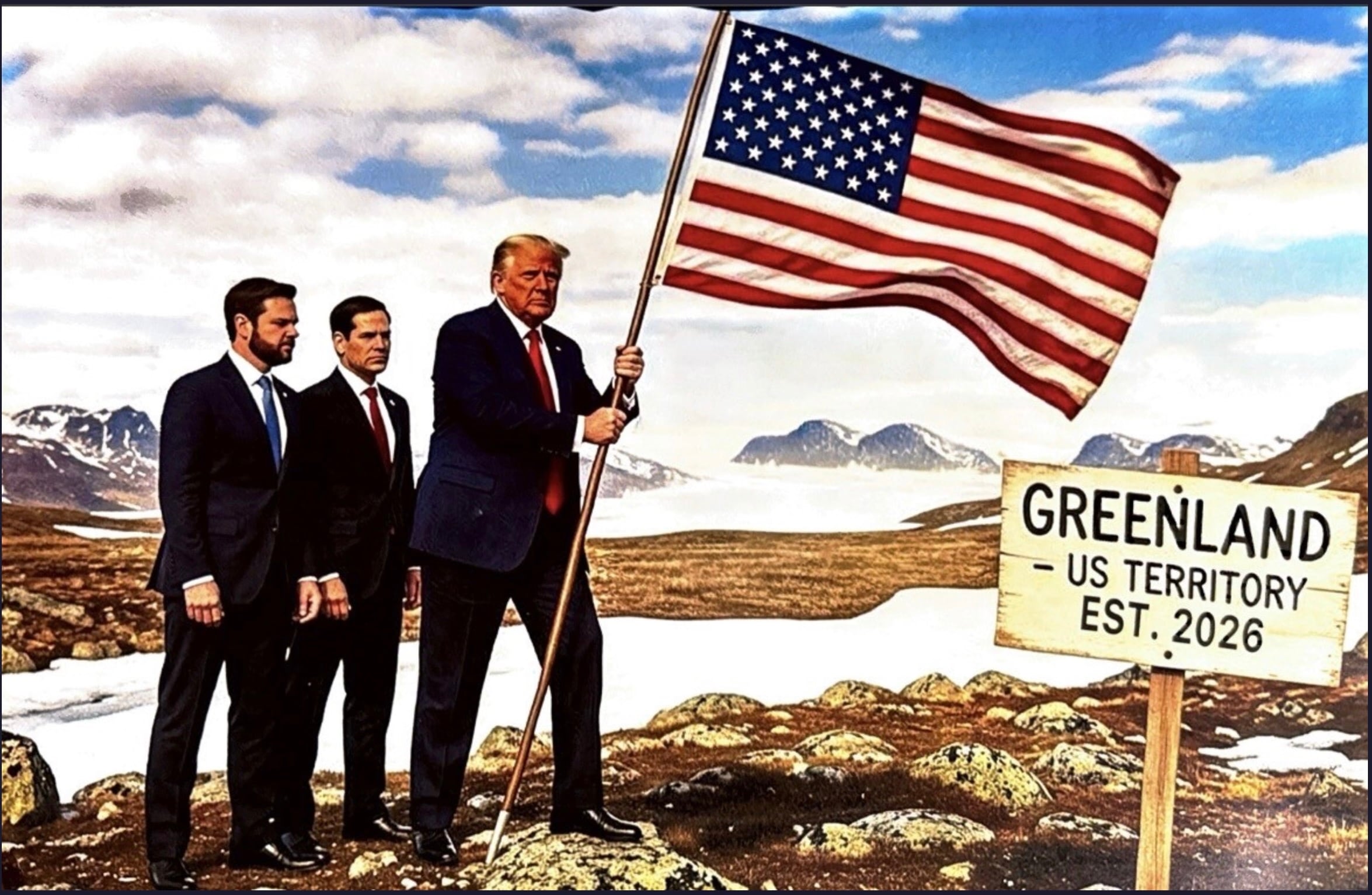 En otra imagen, Trump sale acompañado del secretario de Estado, Marco Rubio, y del vicepresidente James David Vance instalando una bandera de Estados Unidos en Groenlandia.