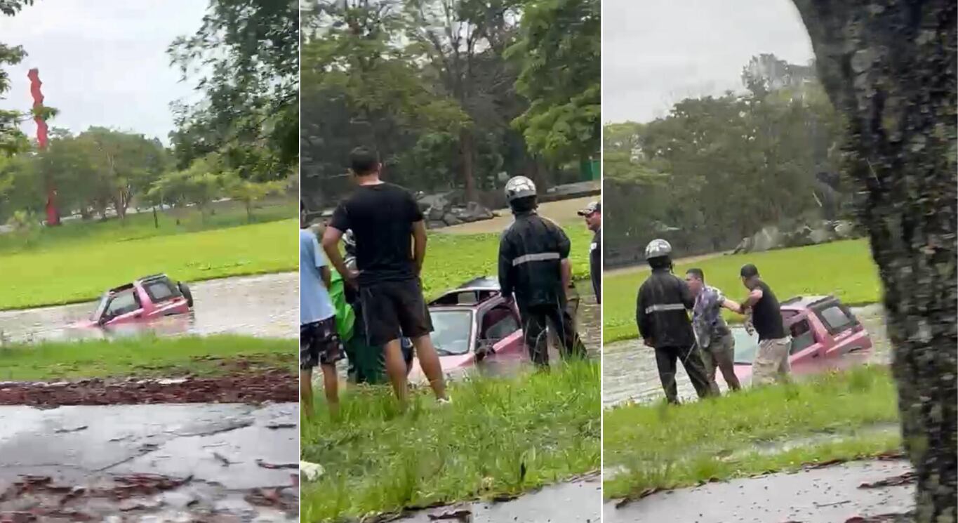 Combo fotográfico del incidente este domingo en el lago del Parque de La Paz donde un vehículo se fue al lago. Fotografía: