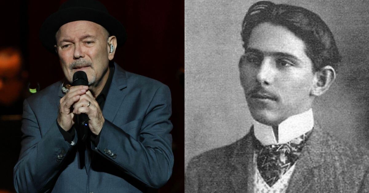 Izquierda: Rubén Blades con gesto compungido y un micrófono en sus manos; Derecha: retrato del poeta panameño Ricardo Miró