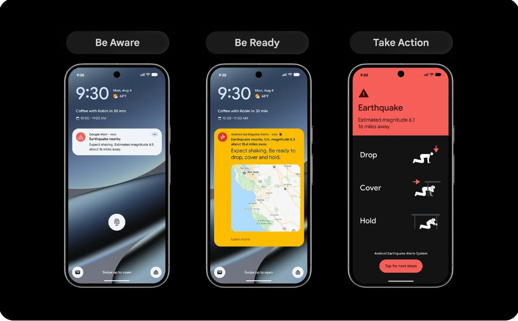 Google dispone de tres tipos de alertas de terremotos en Android: atención, preparación y acción. Cada una se activa según la intensidad estimada del temblor y ofrece información para protegerse.
