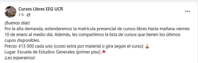 Publicación de Facebook de la Escuela de Estudios Generales donde hablan de la extensión del periodo de matrícula.
