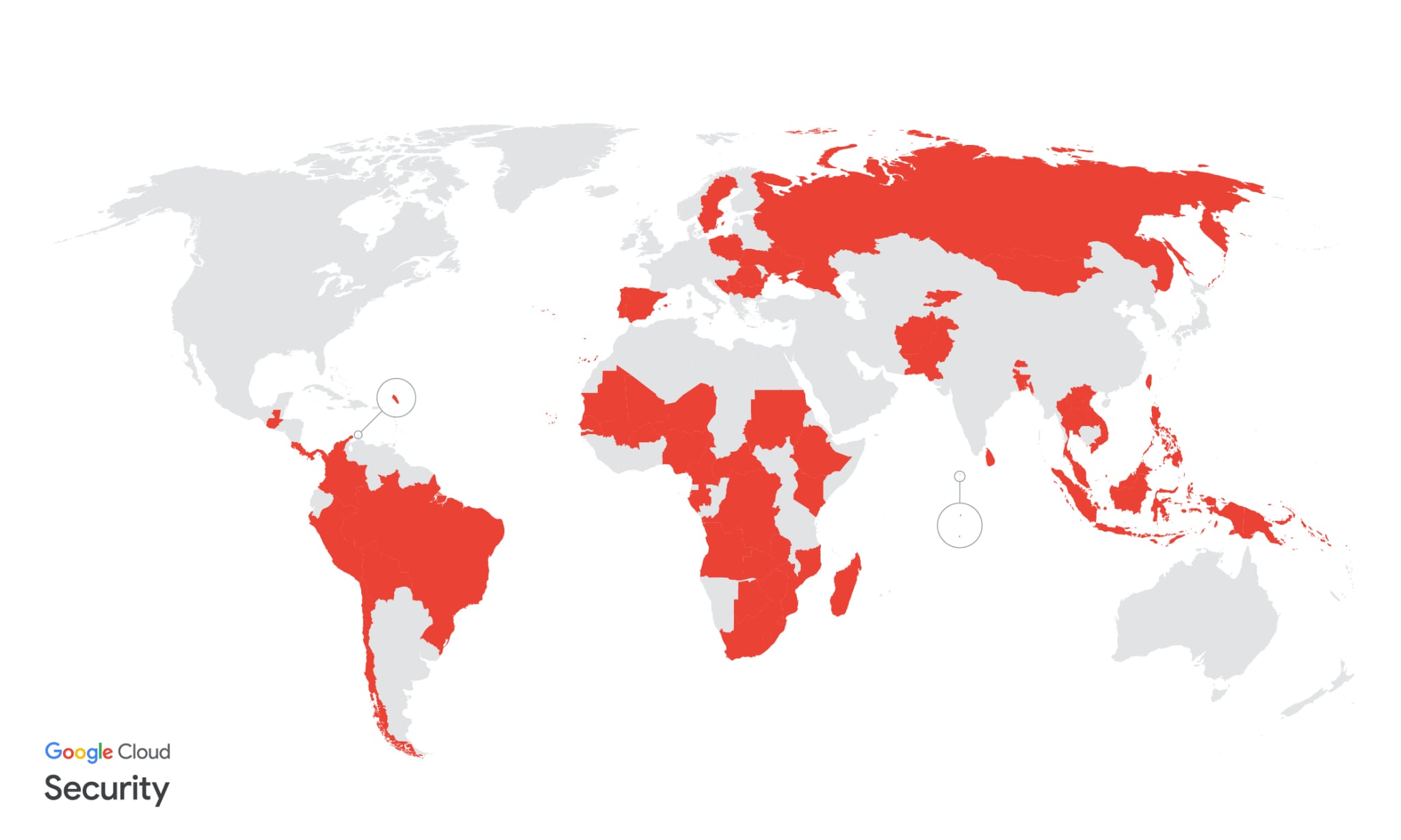 Países identificados por Google como víctimas confirmadas o posibles víctimas de UNC2814.