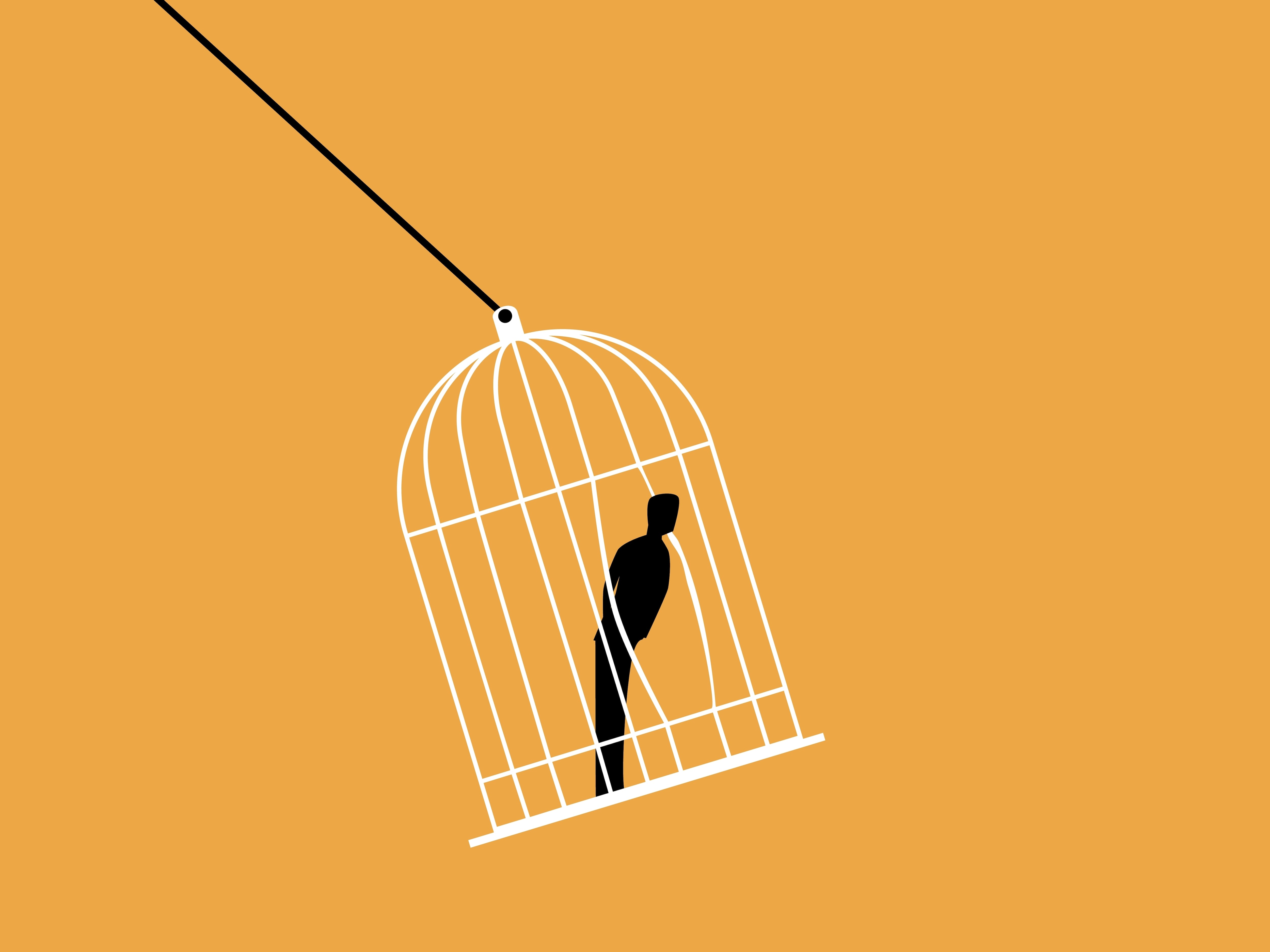 Hombre, persona en jaula de ave, ser enjaulado, enjaulada