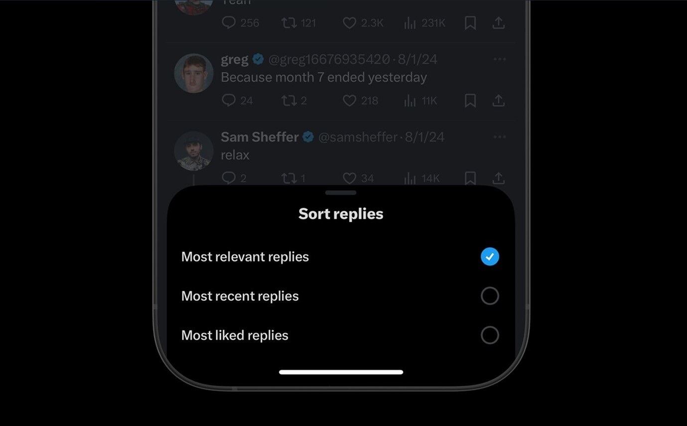 X añade una función que permite ordenar respuestas en publicaciones por relevancia, cronología o 'Me gusta'.