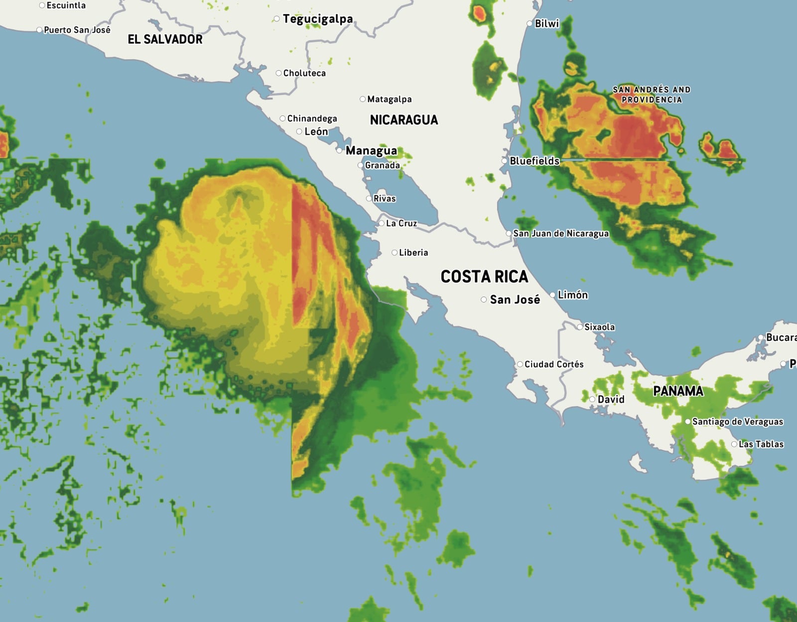 Imagen satelital de la tormenta frente a la península de Nicoya y frente a Nicaragua.