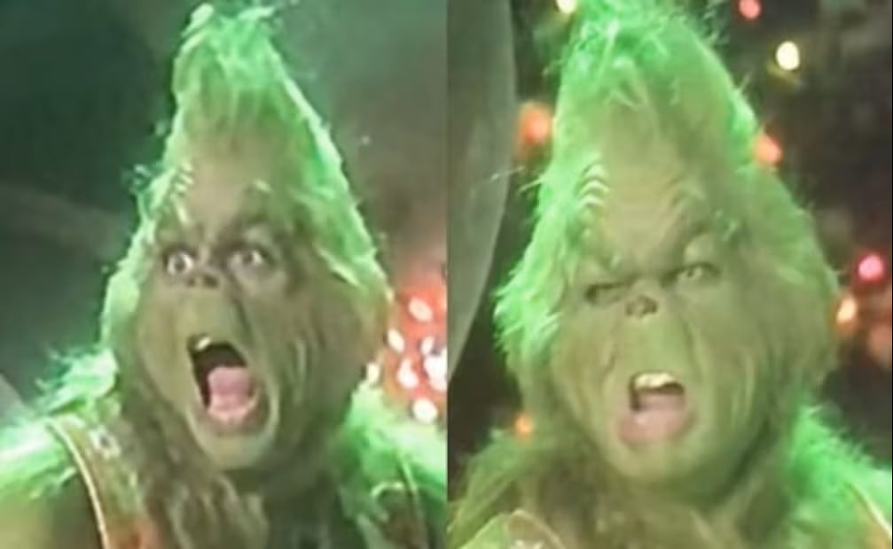 Primer plano del Grinch en una escena de How the Grinch Stole Christmas (2000), destacando el error de continuidad en el color de sus ojos, que alterna entre amarillo y marrón.