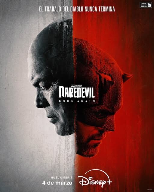Imagen promocional de la serie 'Daredevil: Born Again' en la que se ven el rostro de Kingpin y Dardevil.