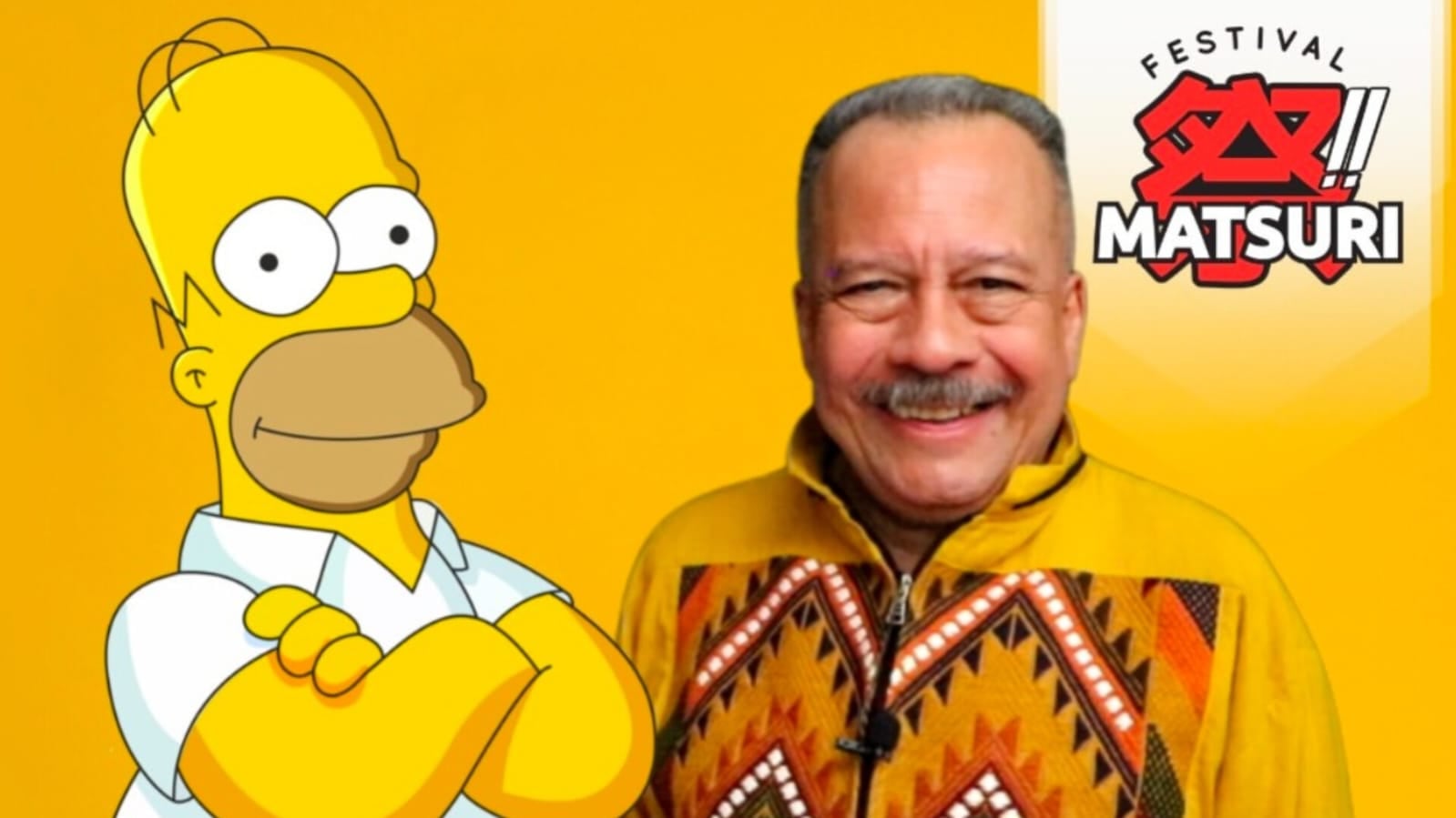 Imagen del personaje Homero Simpson acompañado por el actor mexicano Humberto Vélez, quien da su voz para la versión latinoamericana.