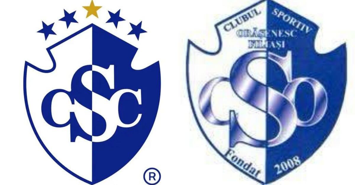 A la izquierda del escudo del Cartaginés; a la derecha el del ACSO Filiasi de Rumanía.