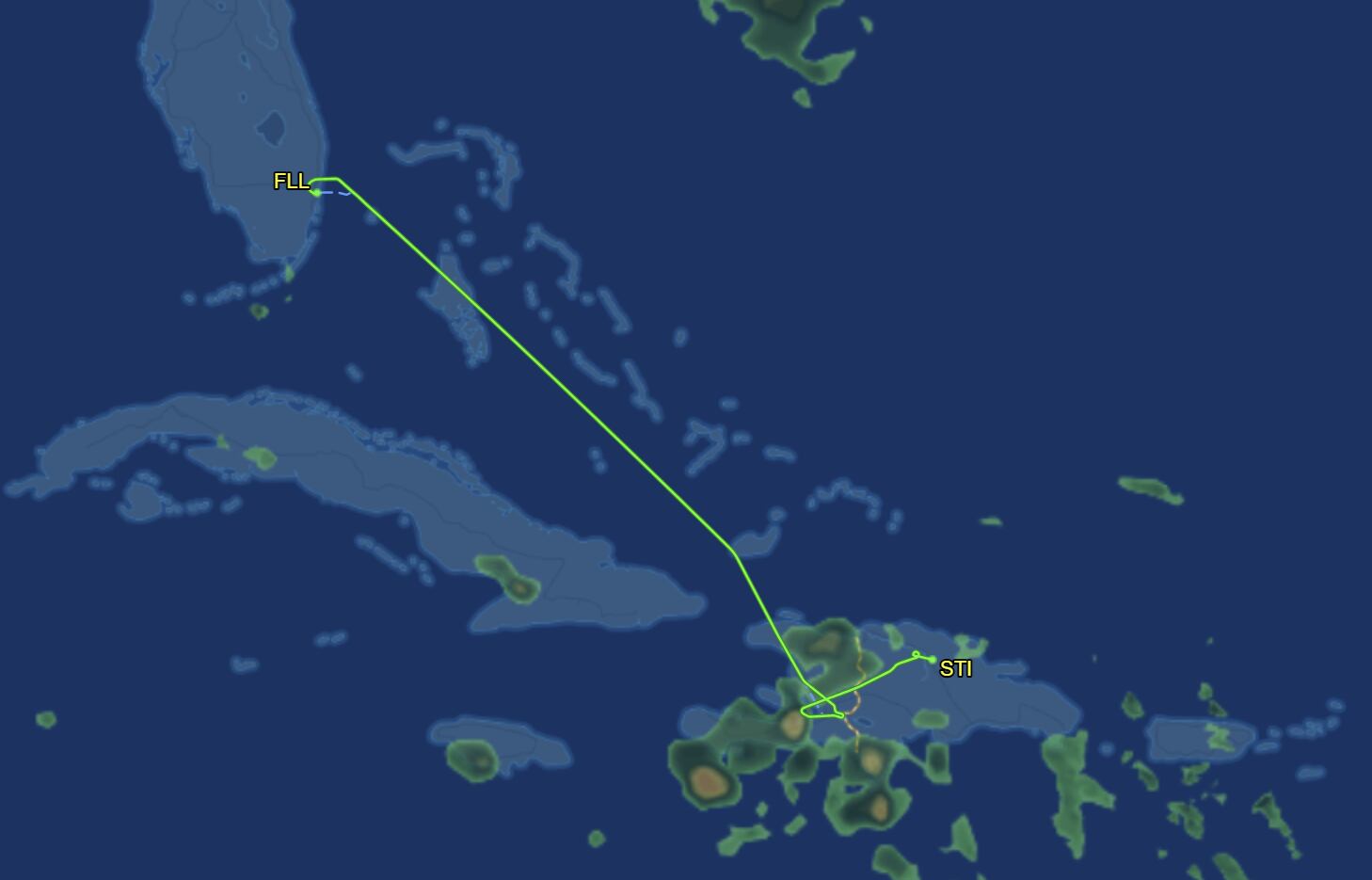 Ruta de vuelo de Spirit 951 baleado en Haití