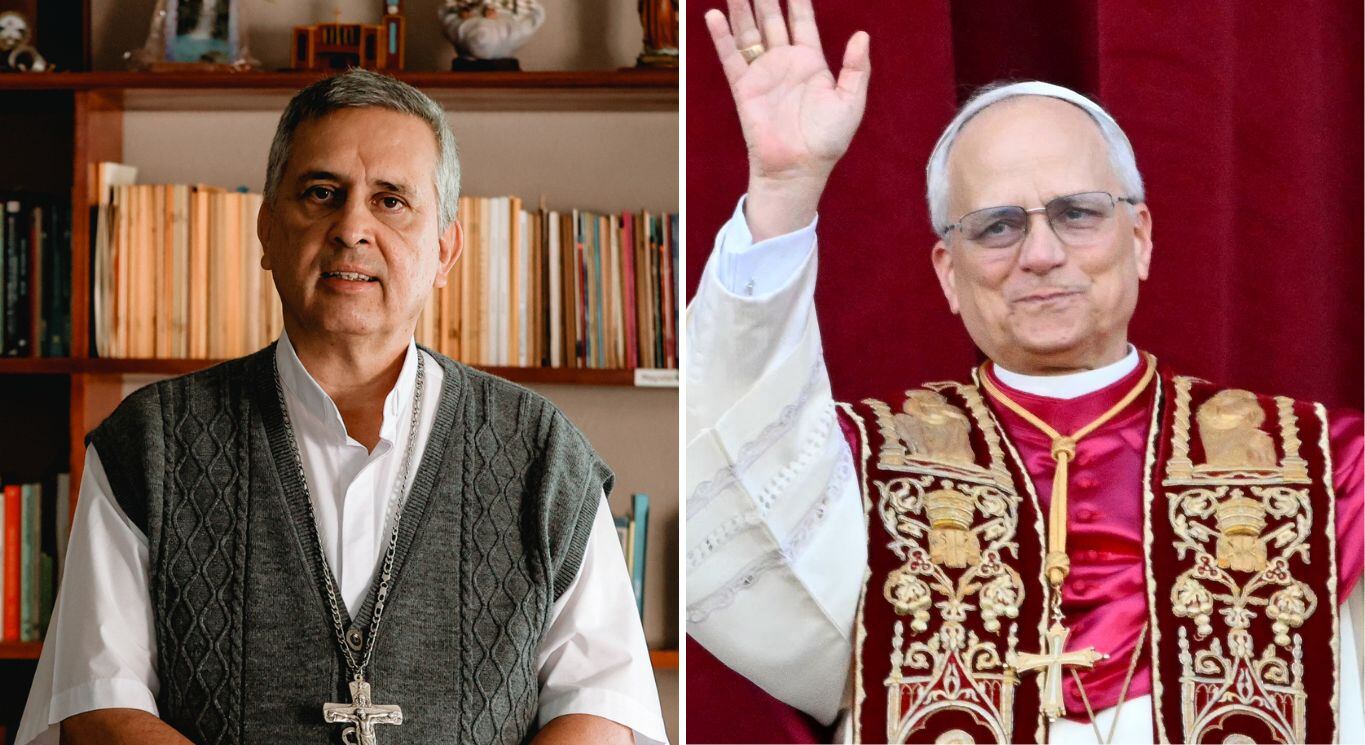 En la imagen, a la izquierda, el obispo de Tilarán, monseñor Manuel Eugenio Salazar. A la derecha, el recién electo papa, Robert Francis Prevost, León XIV.