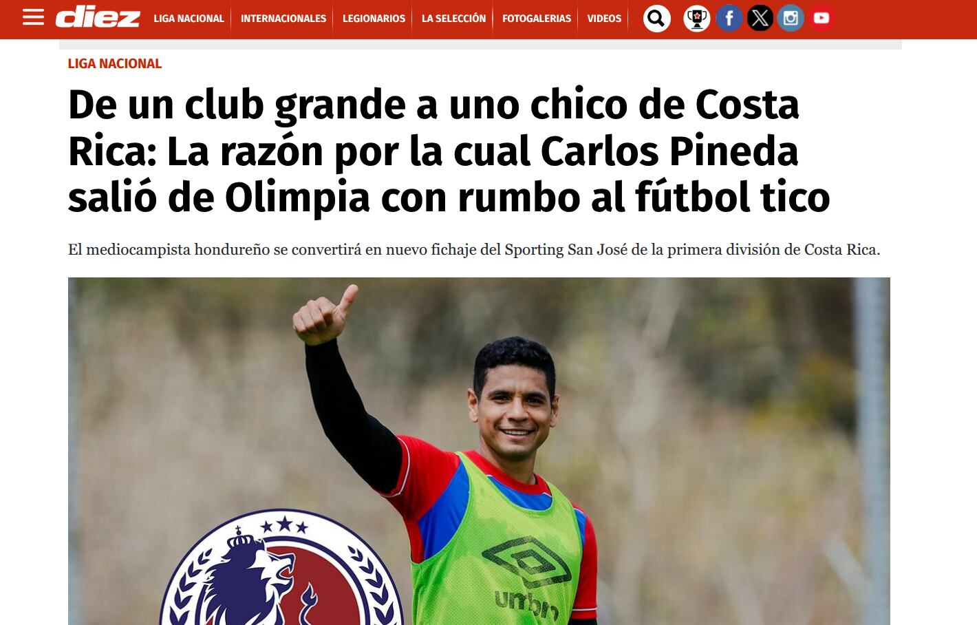 Así informó Diario Diez de Honduras la salida de Carlos Pineda de Olimpia a Sporting F.C.