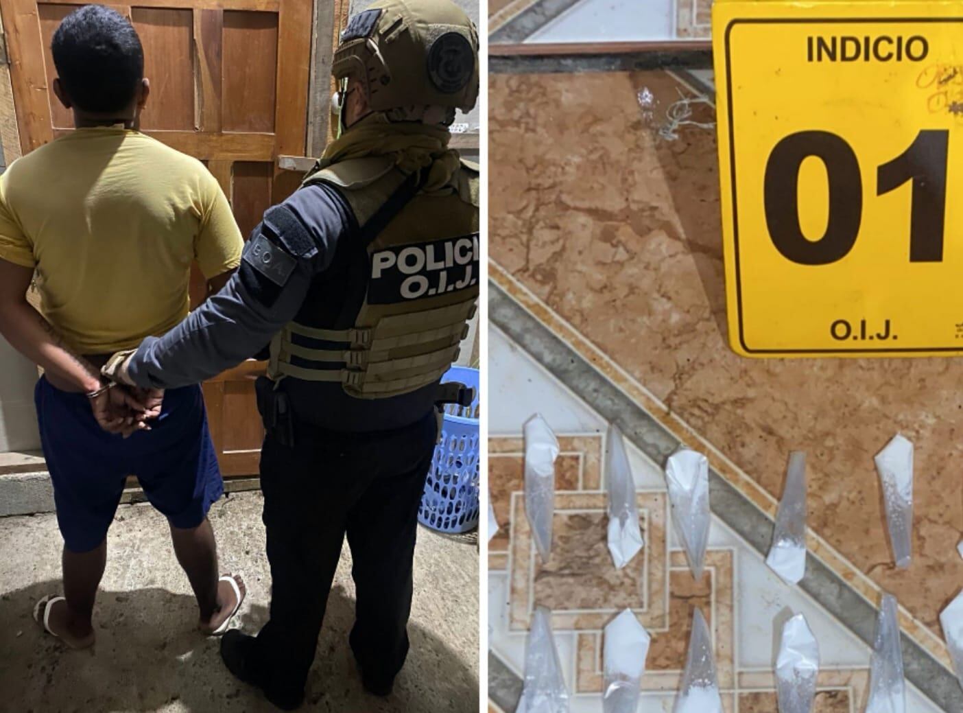 En la gráfica uno de los detenidos por homicidio y tentativa de homicidio, asi como puntas de cocaína halladas en la acción policial. Foto: OIJ.