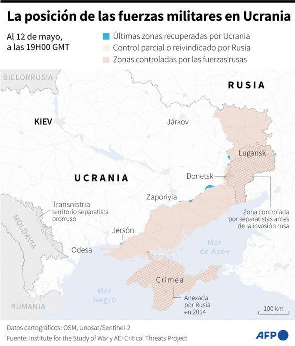 Las Fuerzas Armadas rusas controlan la mayoría del territorio en las regiones de Donetsk, Crimea y Lugansk; mientras que el ejército ucraniano recuperó prociones cerca de Jersón y Zaporiyia. Foto: AFP