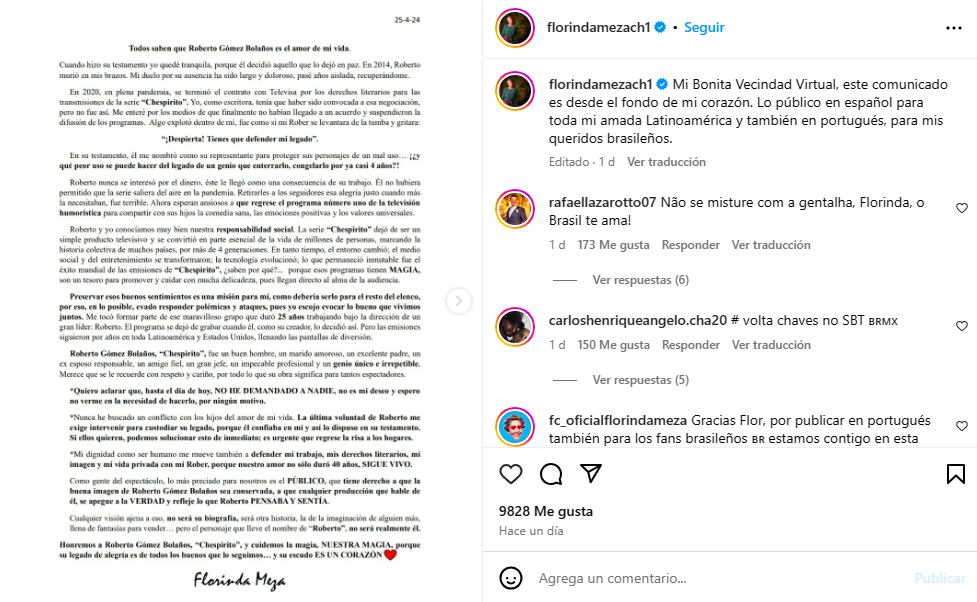 Florinda Meza difundió su comunicado en sus plataformas digitales el pasado viernes 26 de abril, abordando la preservación y protección del legado de ‘Chespirito’.