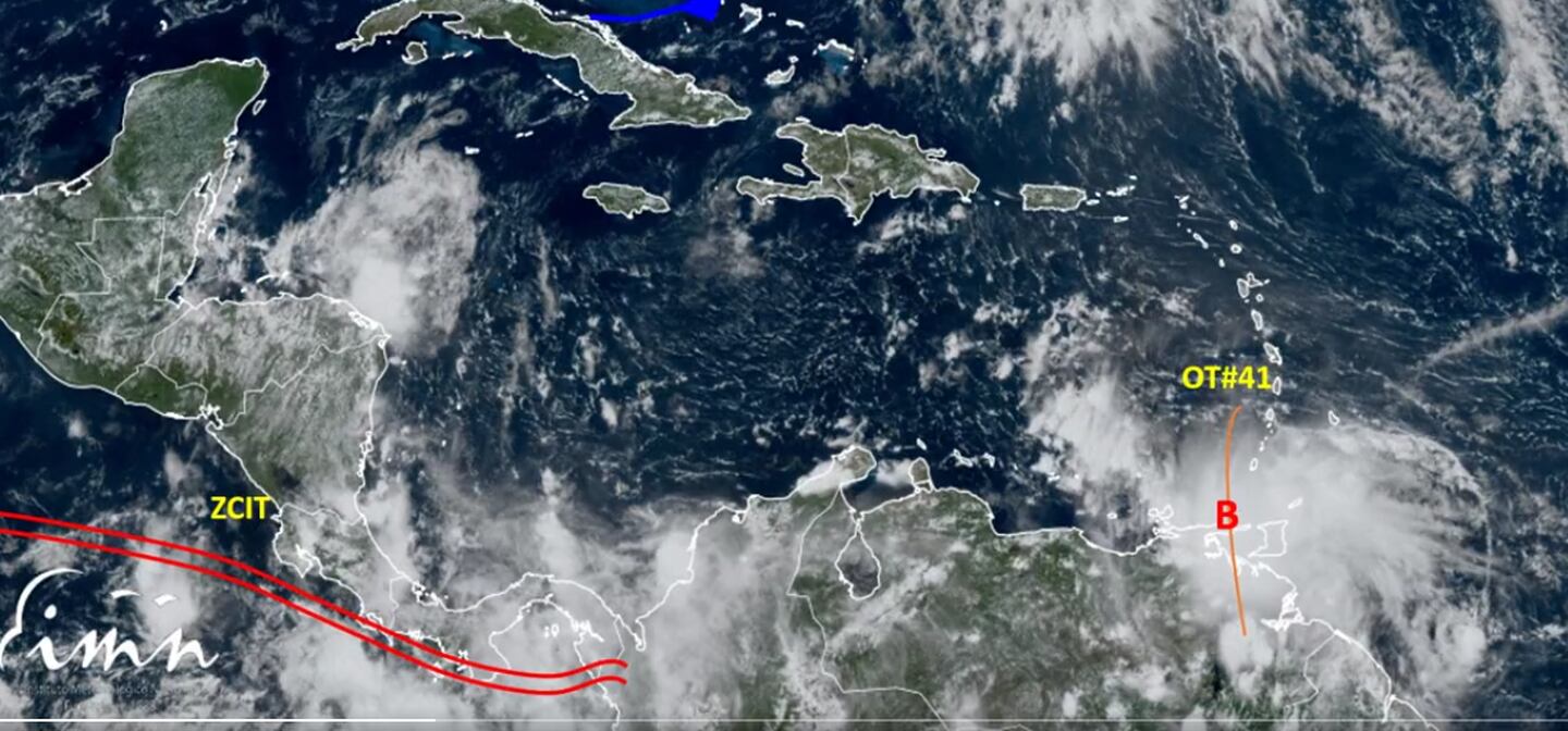 La onda tropical N.° 41 (núcleo nuboso a la derecha) está frente a la costa de Venezuela y se dirige al istmo centroamericano. Su afectación por lluvias dependerá de su evolución. Imagen: IMN.