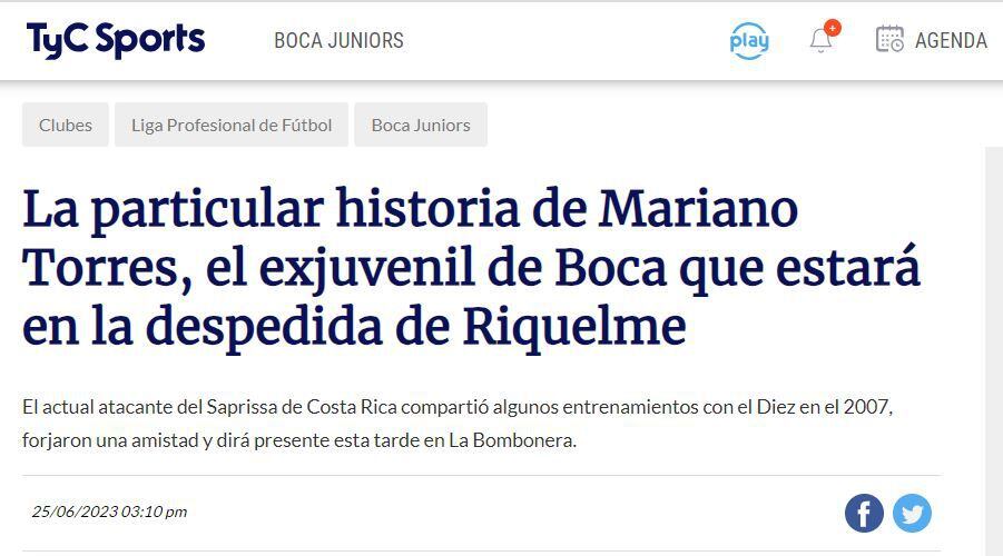 TyC Sports destacó la historia de Mariano Torres con Juan Román Riquelme.