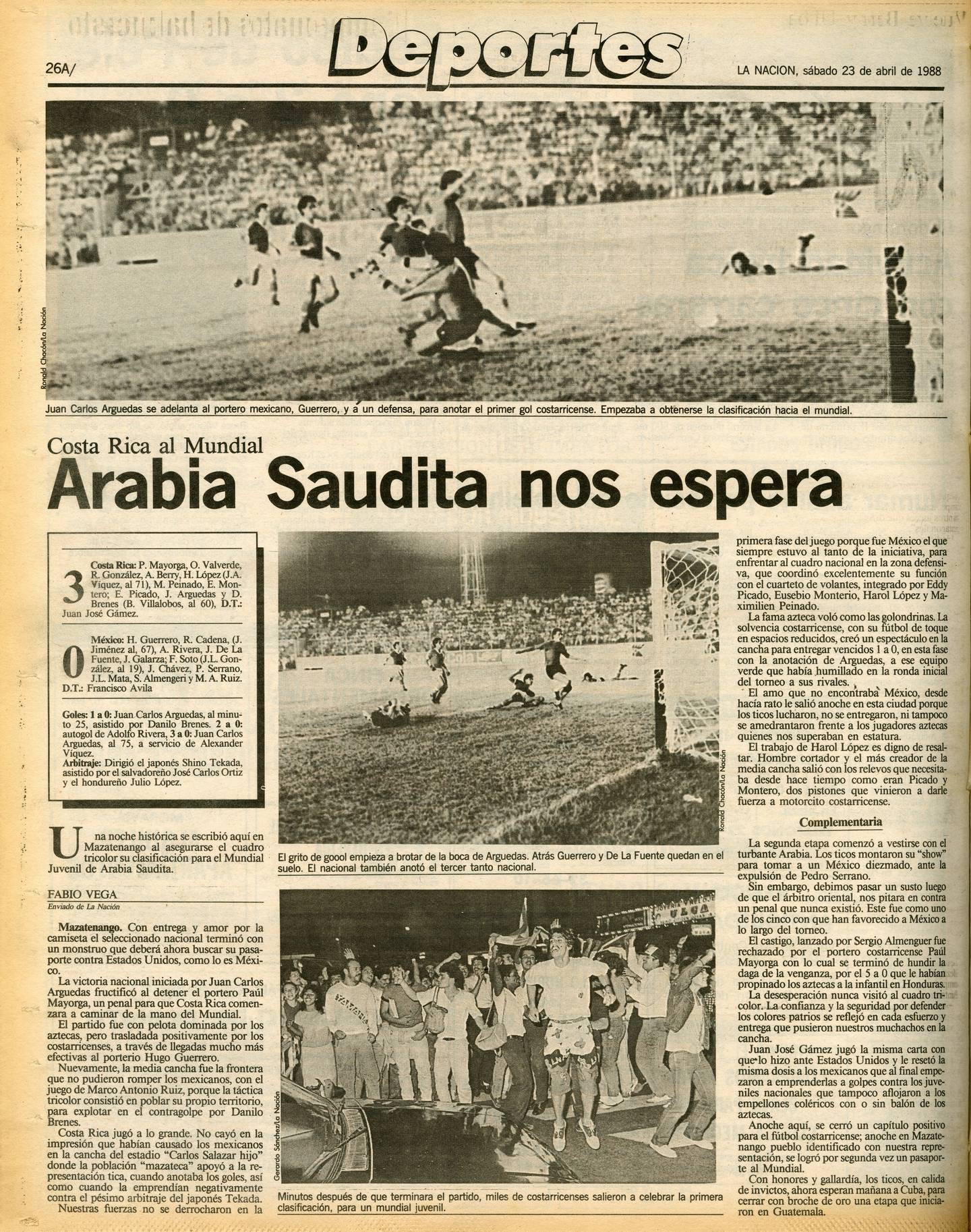 Así reseñó 'La Nación' la clasificación de la Selección de Costa Rica al Mundial Sub-20 de Arabia Saudita 1989.
