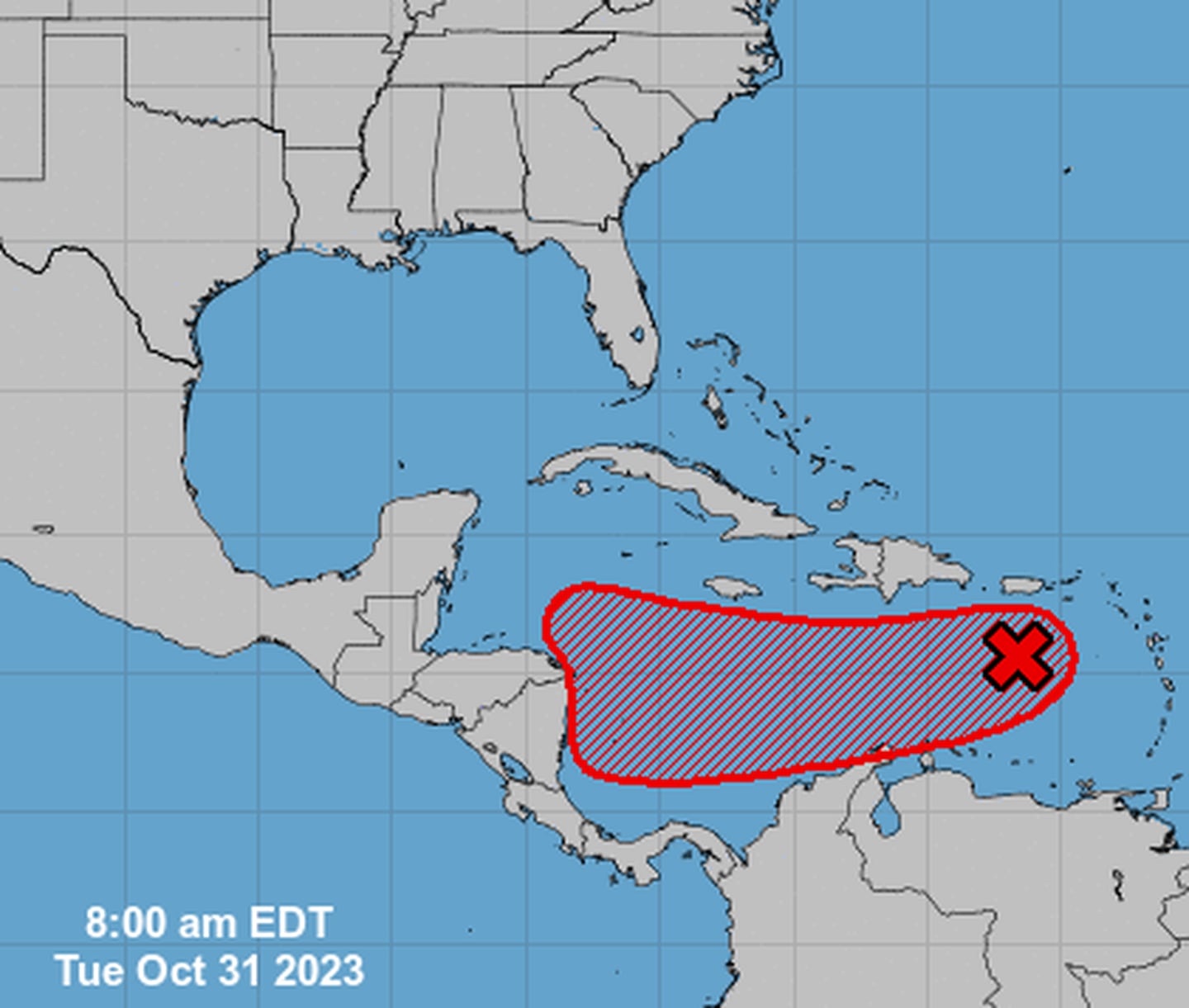 Este es el nuevo sistema de baja presión que para el fin de semana podría constituirse como ciclón en el Caribe. Imagen: Centro Nal. de Huracanes.