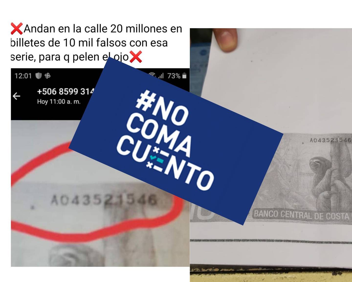 Un mensaje de WhatsApp asegura que en Costa Rica circula un lote de billetes falsos de ¢10.000.