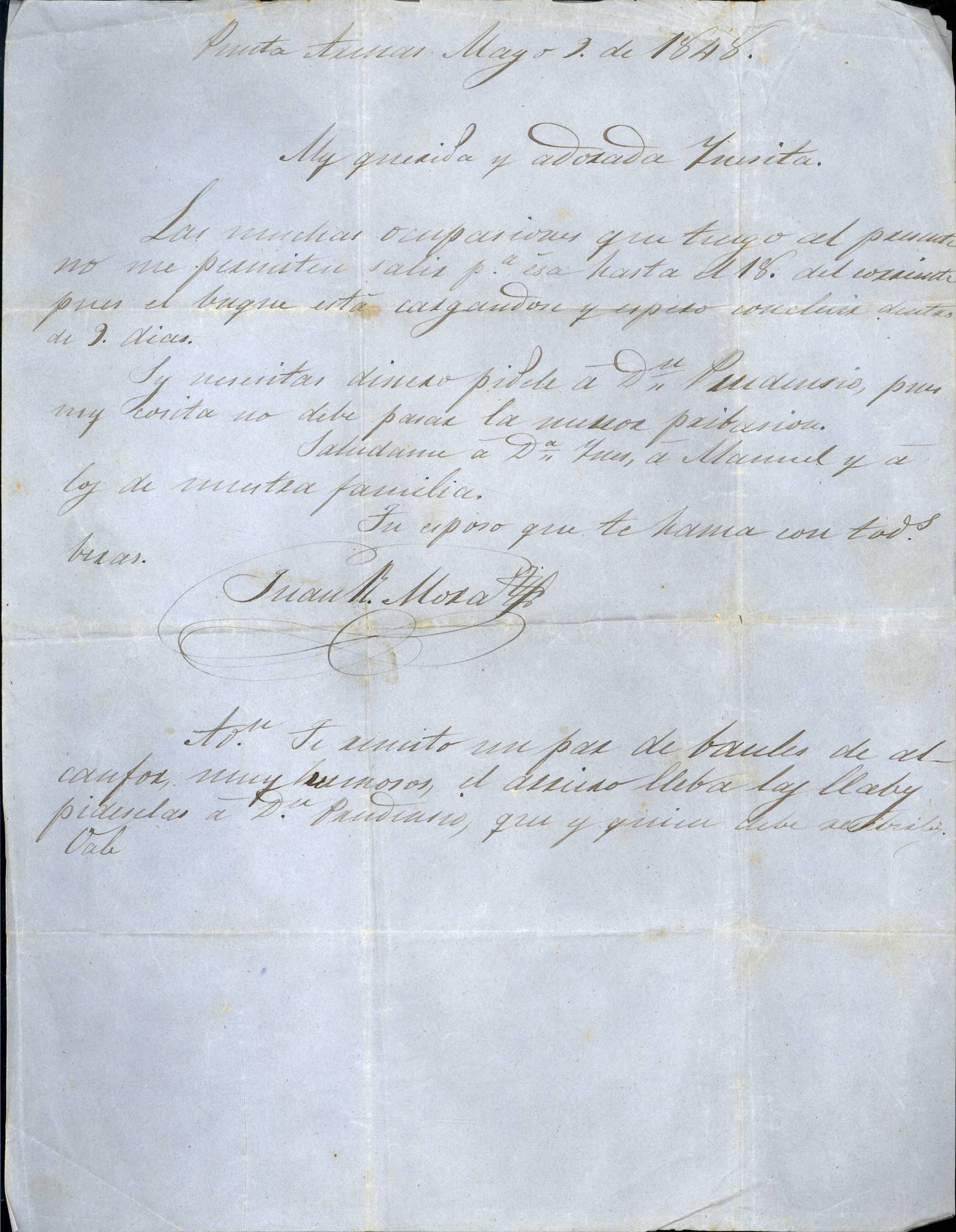 Una carta de Juan Rafael Mora Porras dirigida a su esposa Inés Aguilar escrita en 1848.