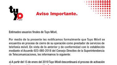 Operador telefónico Tuyo Móvil anuncia cierre de operaciones