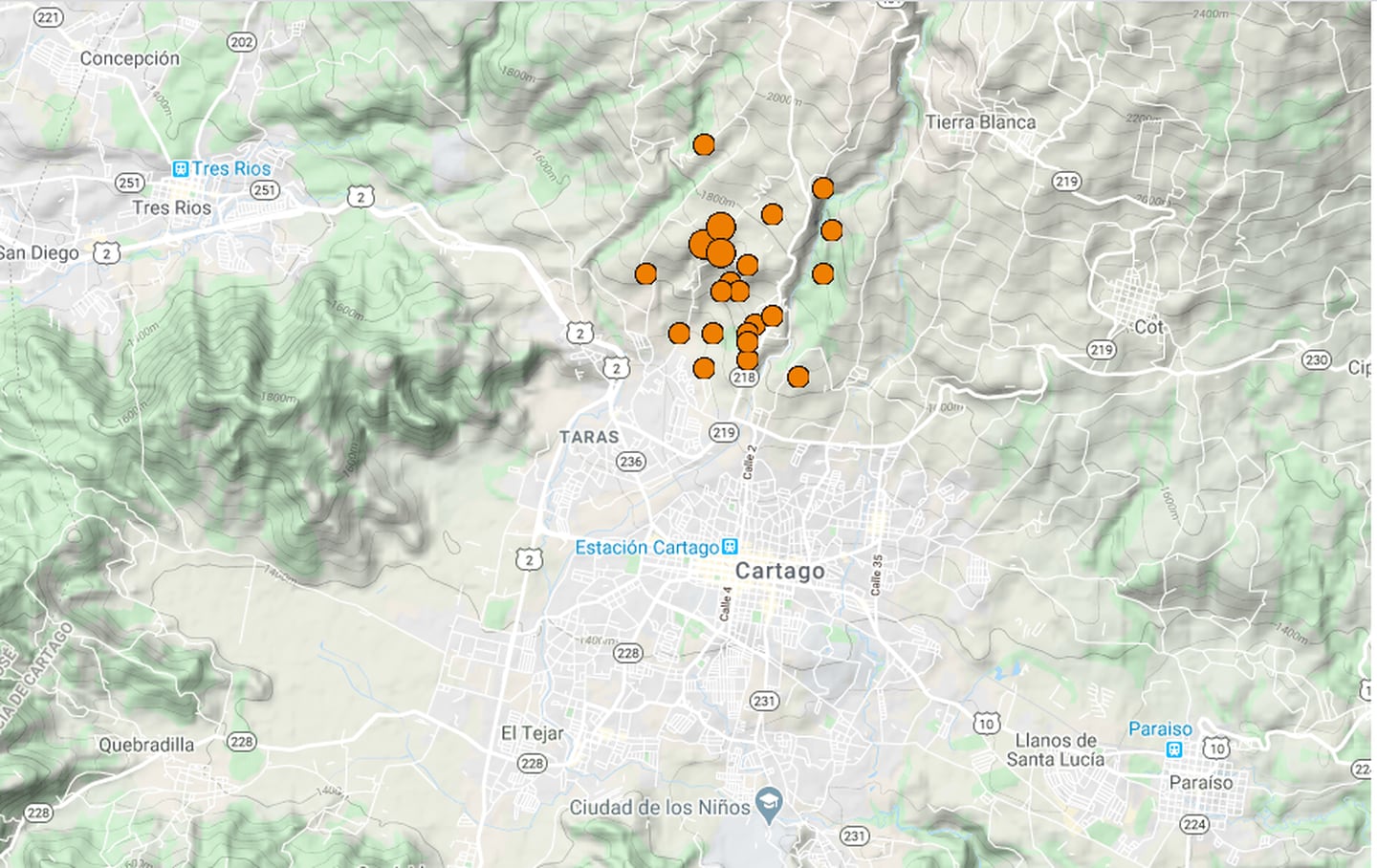 En abril hubo una seguidilla de sismos superficiales entre Quircot y Tierra Blanca, al norte de la ciudad  de Cartago. Imagen: RSN.