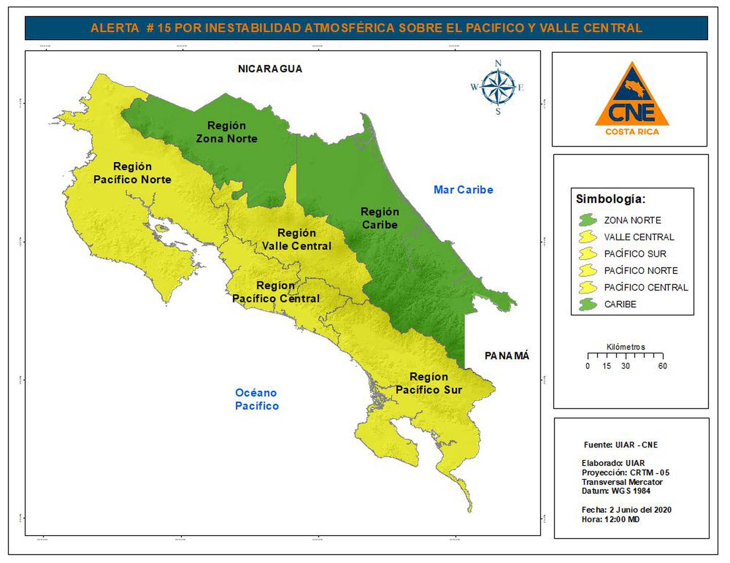 Más de la mitad del territorio volvió a quedar en alerta amarilla, debido a que la temporada lluviosa comenzó con mucha fuerza. Mapa: CNE.